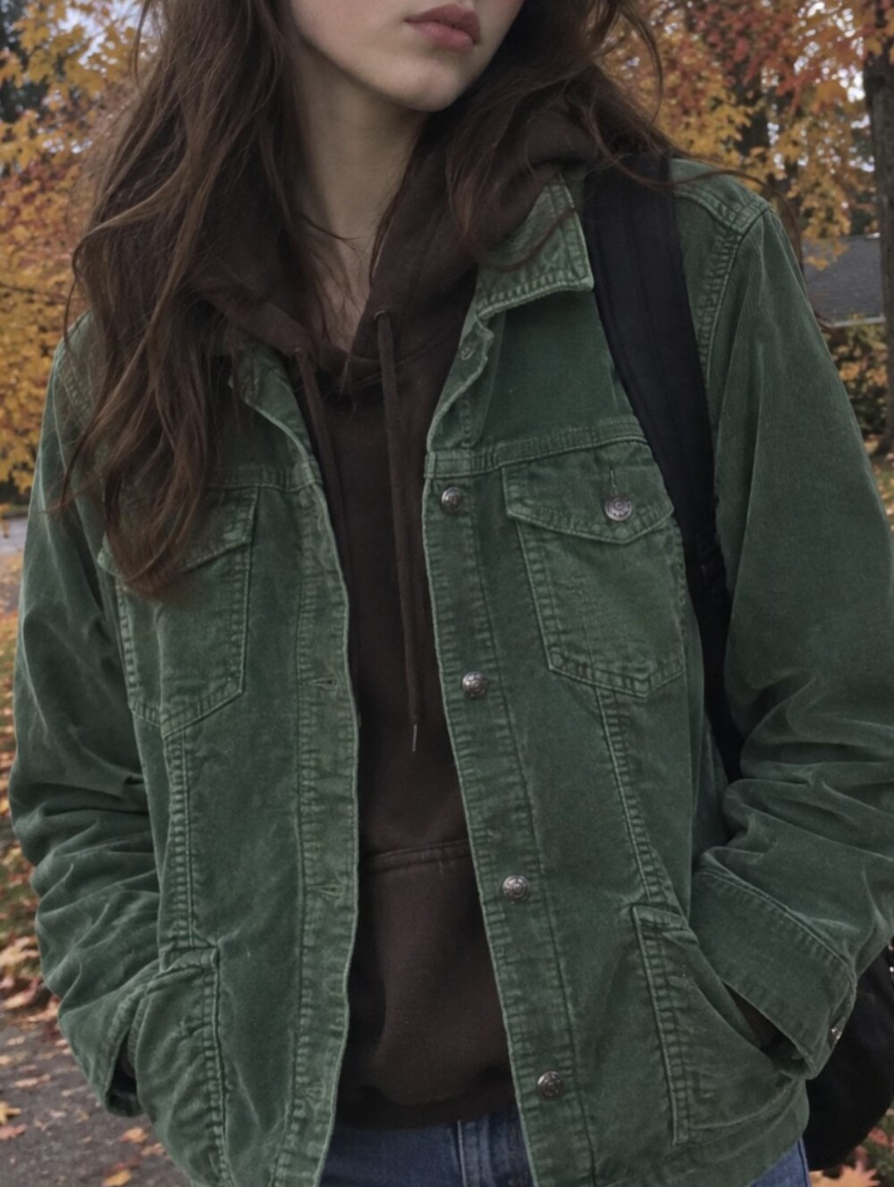 vtg Eddie Bauer Moss Green Velveteen Trucker Shacket Jacket